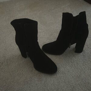 Black Stacked Heel Suede Booties. Side Zipper